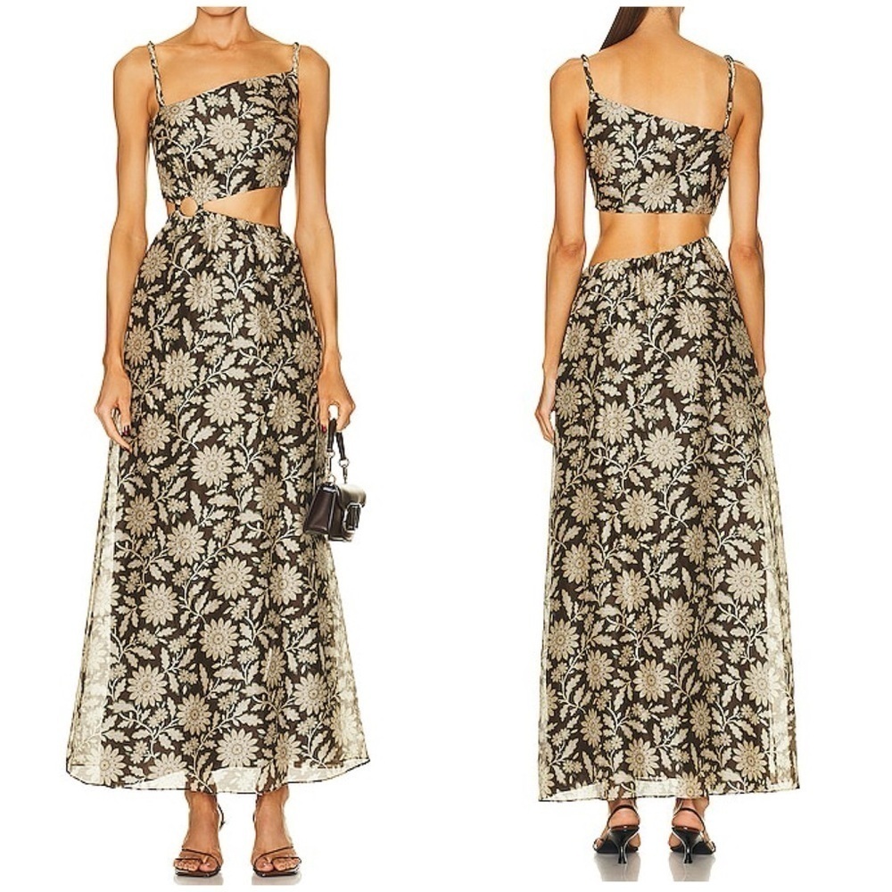 NWT Sir Xanita Floral Asymmetric Cotton Silk Maxi Dress Waist Cut Out Sz AU 4